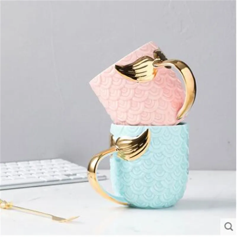 2021 Ins new design mermaid pattern glazed plain milk tea porcelain cup pink tazas travel ceramic coffee mug with gold