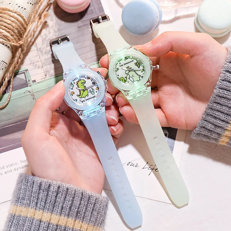 Fancy boys girls teenagers children kids cartoon dinosaur luminous watch cute pink blue silicone student wrist