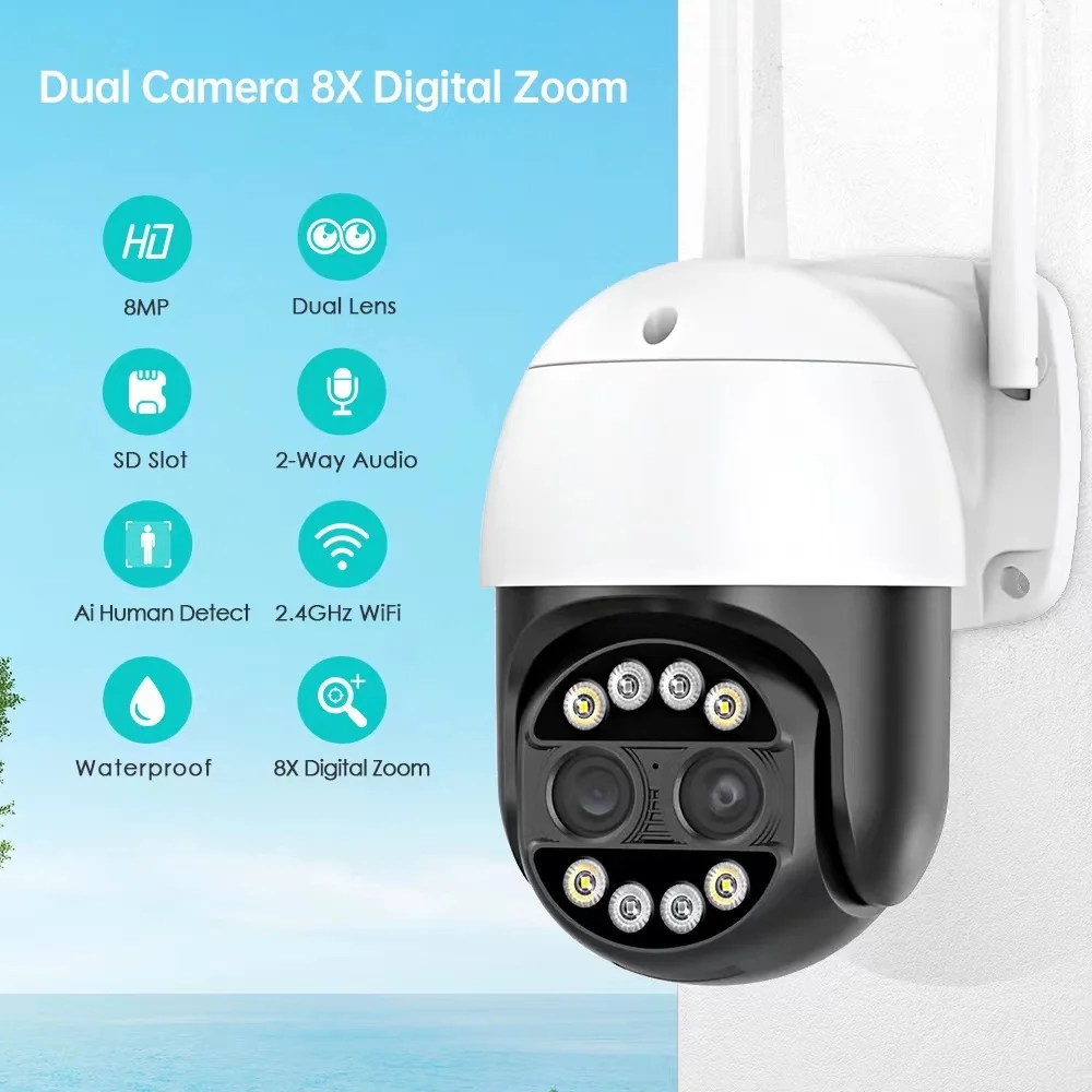 Human Tracking 8X Hybrid Zoom 4K WiFi Outdoor Ptz Camera Dual Lens iCSee 8MP Waterproof Wireless Security Network CCTV IP Camera