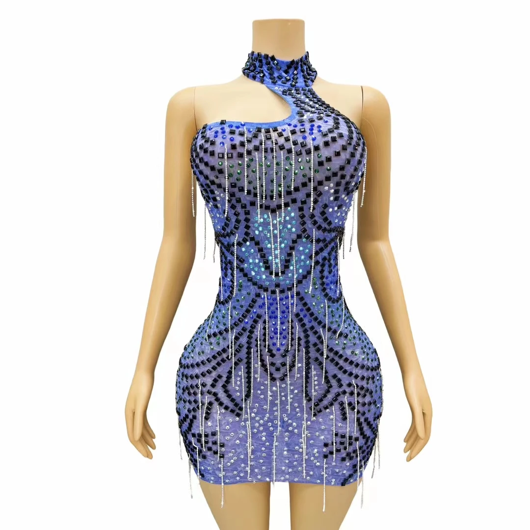 Vestidos Sexy Halter Backless Tassel Latin Dance Sheath Dress Short Prom Cocktail Dress Women Diamonds Nightclub Party Dress