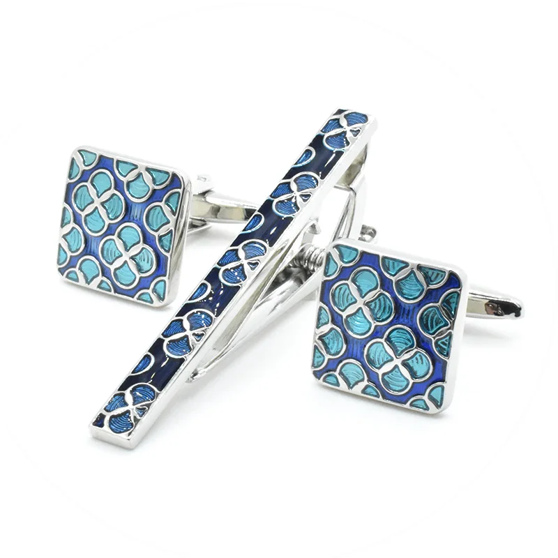 Wholesale Elegant Blue Enamel Flower Cufflinks Tie Clips Custom Business Shirt Wedding Party Gift Unisex Brass Tie Bar Pin Gift