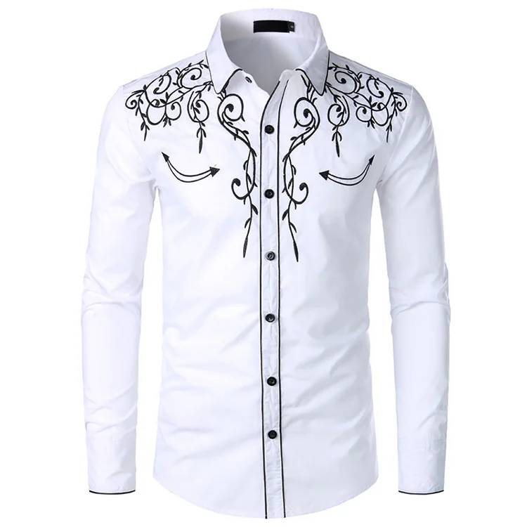 Men Stylish Western Cowboy Shirt Long Sleeve Slim Fit Embroidered Shirts