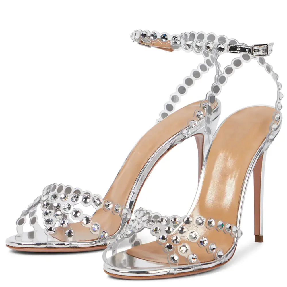 Attractive High Heel Sandal  Round Toe Sandals Buckle Ankle Strap Glistening Beads Party Shoes