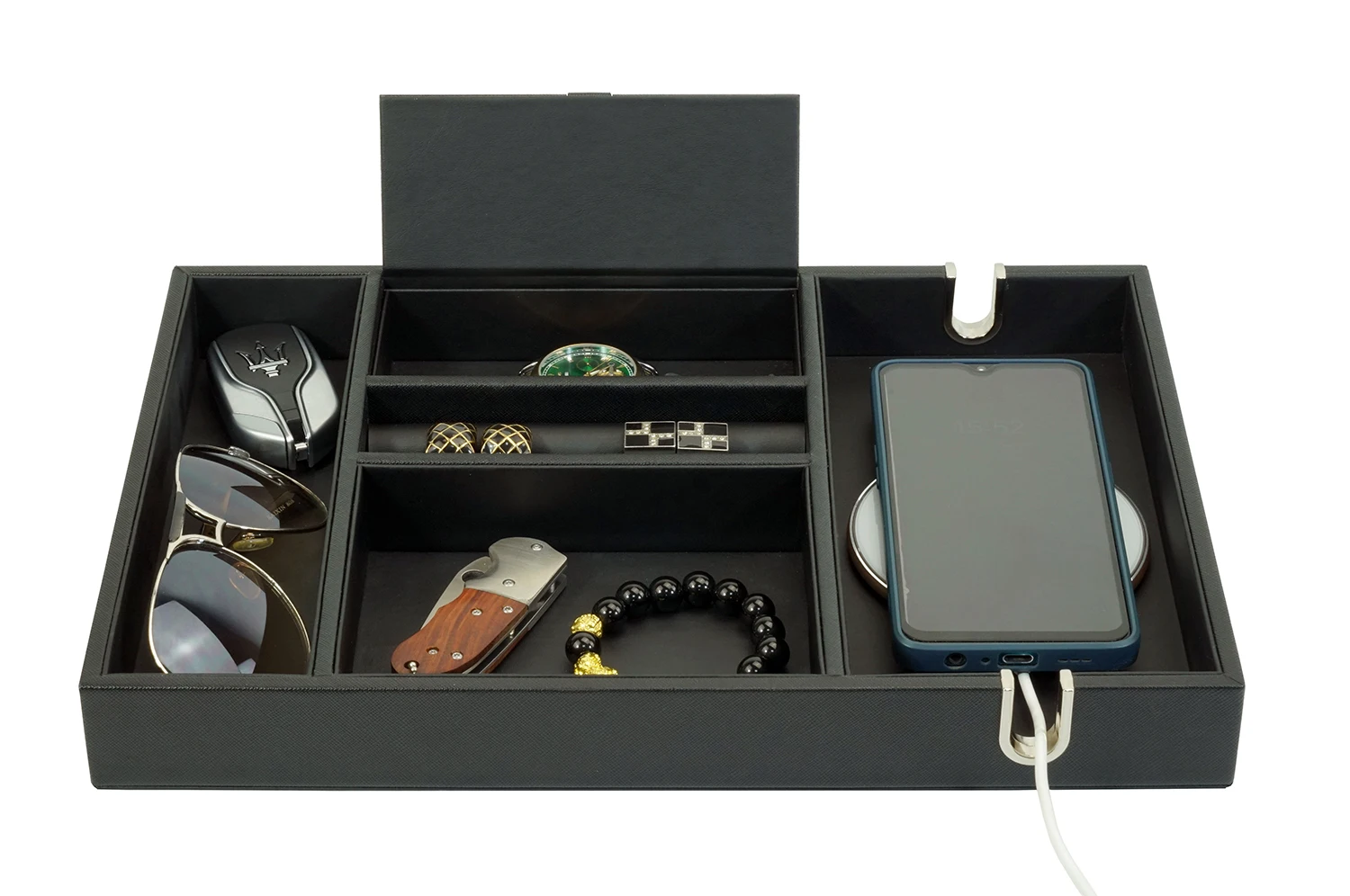 Sonny Black Leather Nightstand Organizer Catchall Dresser Top Storage Mens Valet Tray with 5 Compartments