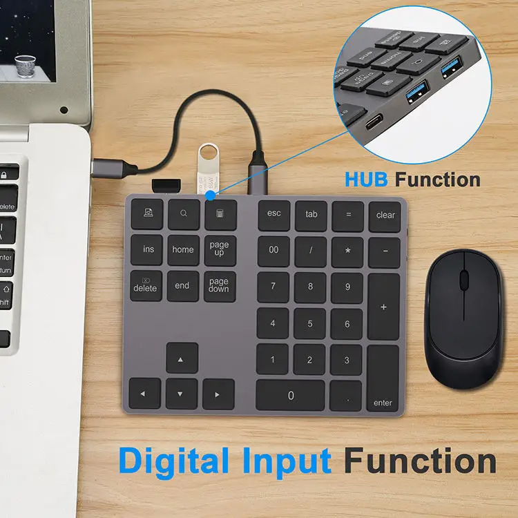 Factory Slim 34 keys BT Compatible Number Keypad With USB HUB Aluminum Wireless Numeric Keyboard