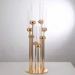 Zhuoyun 8 Arms Glass Tube Candle Stick Wedding Decoration Table Centerpiece Metal Gold Candelabra