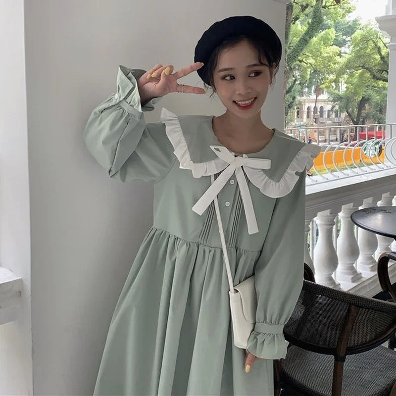 Kawaii Peter Pan Collar Ruffle Lolita Dresses For Women 2021 Soft Girl Long Sleeve Midi Dress Korean Student Clothes Alt