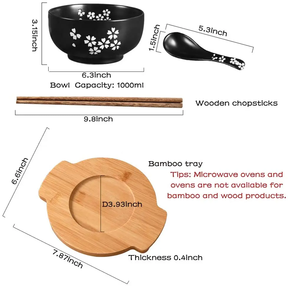 Japanese Cuisine Bowl Set with Wooden Lid Ceramics Sakura Ramen bowl Ceramic Instant Noodle Salad Soup Rice Bowl