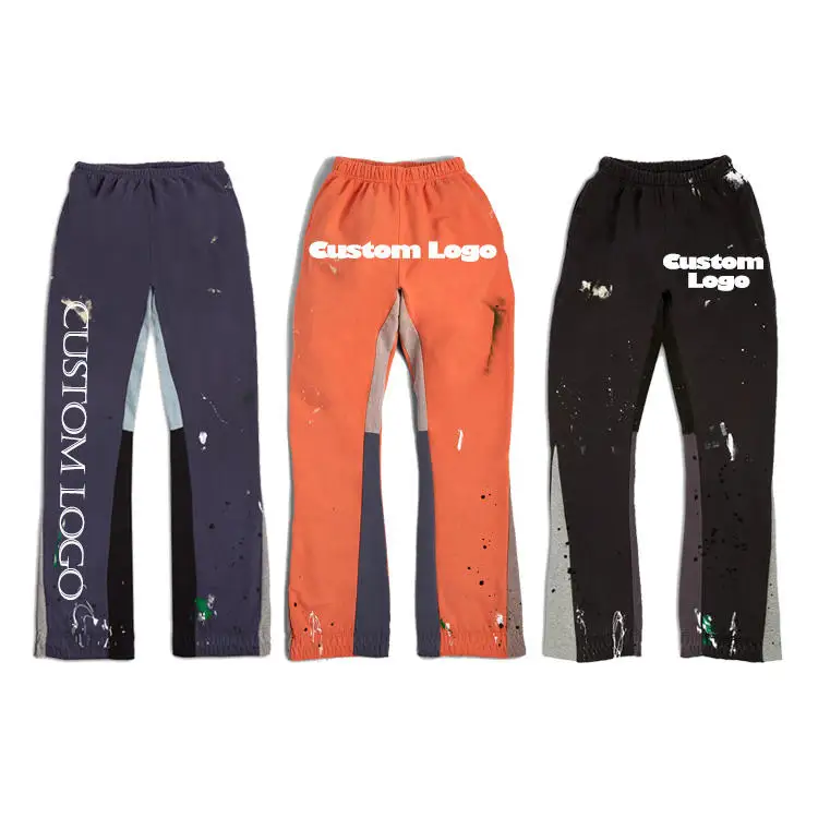Custom Logo Sweatpants Men Jogger Track Sweat Pants Trousers Patchwork Graffiti Paint Splatter Elastic Men Pants