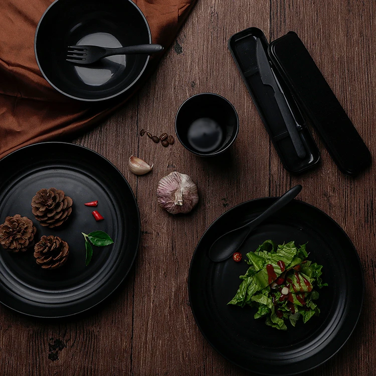 Wholesale Tableware Set 28pcs Camping Bowl Plate Cup PP Plastic Wheat Dinnerware Sets with Box and Cutlery