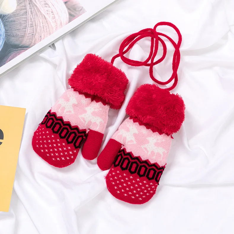 Full Finger Kids Gloves Winter Warm Knitted Mittens Plush Thicken Christmas Gloves For Infant Boys Girls