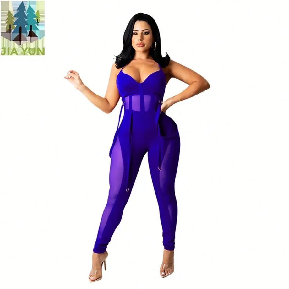 2021 Womens Solid Bodycon Jumpsuit One Piece Sleeveless  Strap Belted Skinny Pants With Pocket