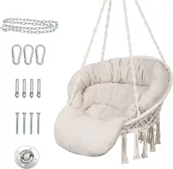 Hammock Chair with Cushion, Handmade Macrame Swing Chair with Hanging Hardware Kits, Bohemian Style Cotton Rope,