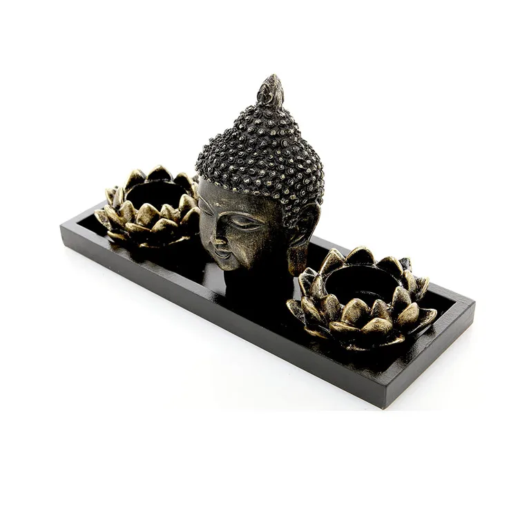 Buddha Head Sculpture Zen Garden Set  Lotus Tealight Candle Holders