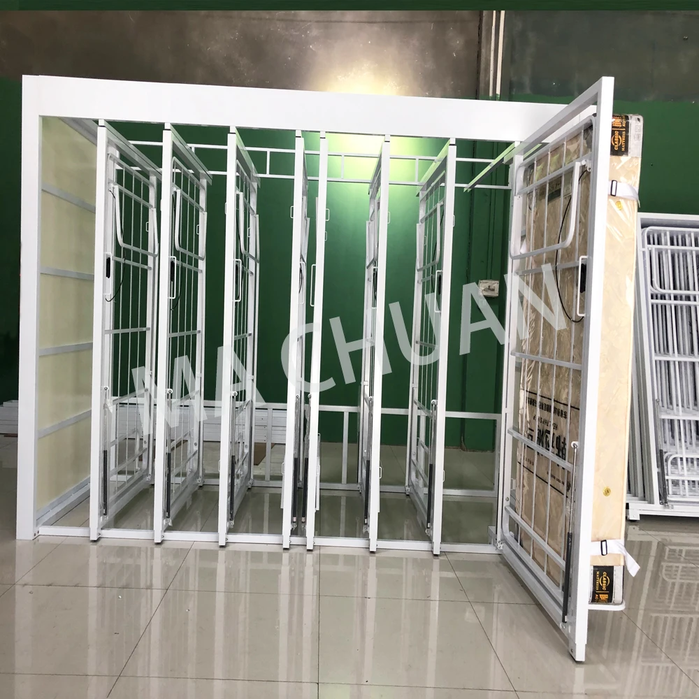 Customized Wholesale Metal  Pull Push Sliding Foldable Mattress Storage Display Rack Stand for Showroom
