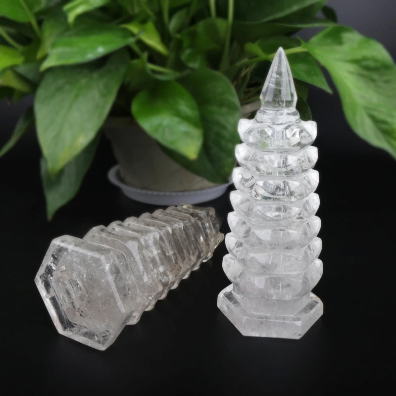 Natural Clear White Quartz Carved Crystal Pagoda