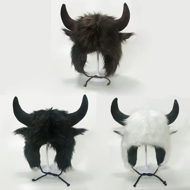 Halloween Fluffy Faux Fur Bull Horn Ear Protection Hat Role Play Personalized Funny Warm Thick Ski Winter Cap