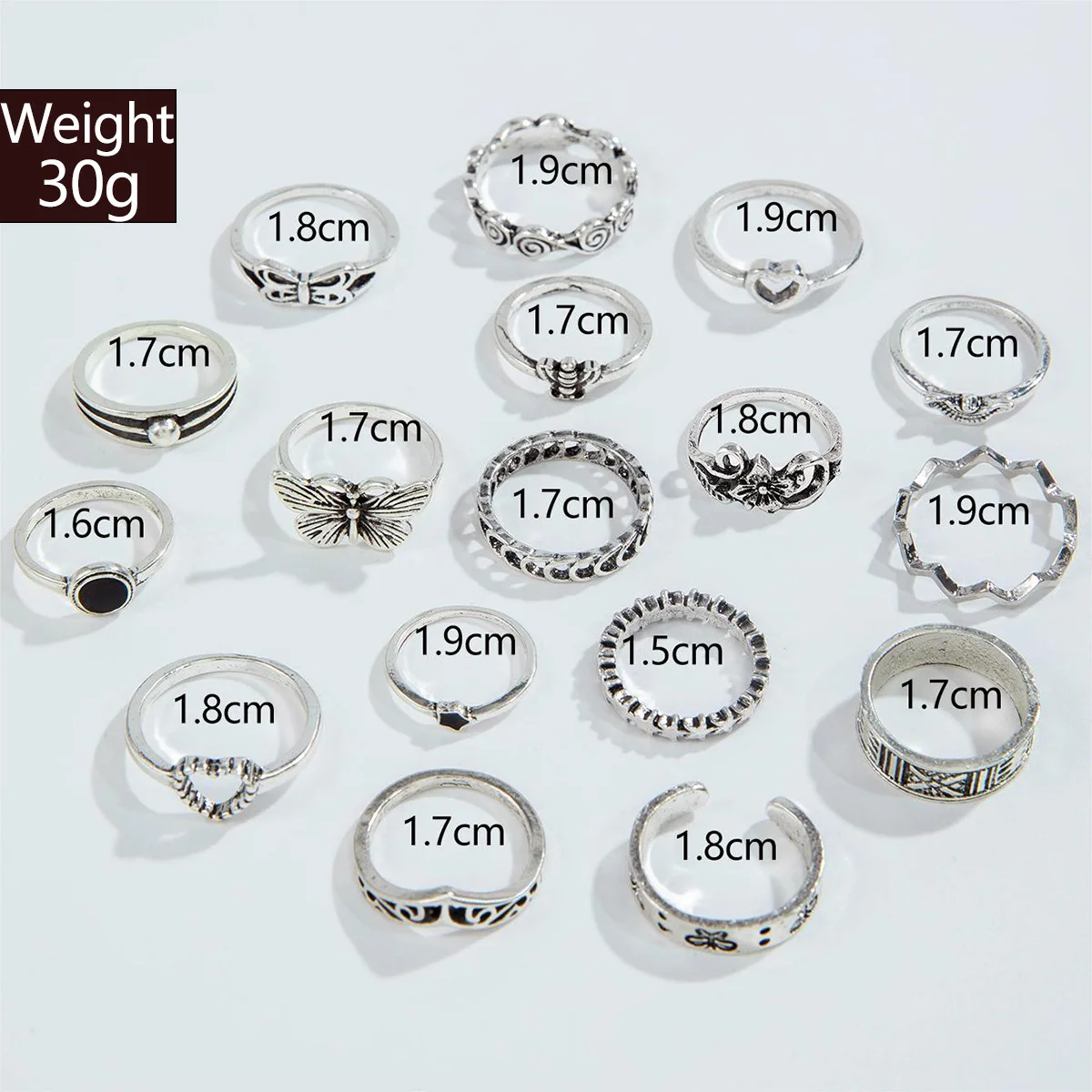 17 PCS Silver Color Geometric Ring Set For Women Vintage Heart Star Bee Butterfly Charm Finger Ring Female Boho Jewelry