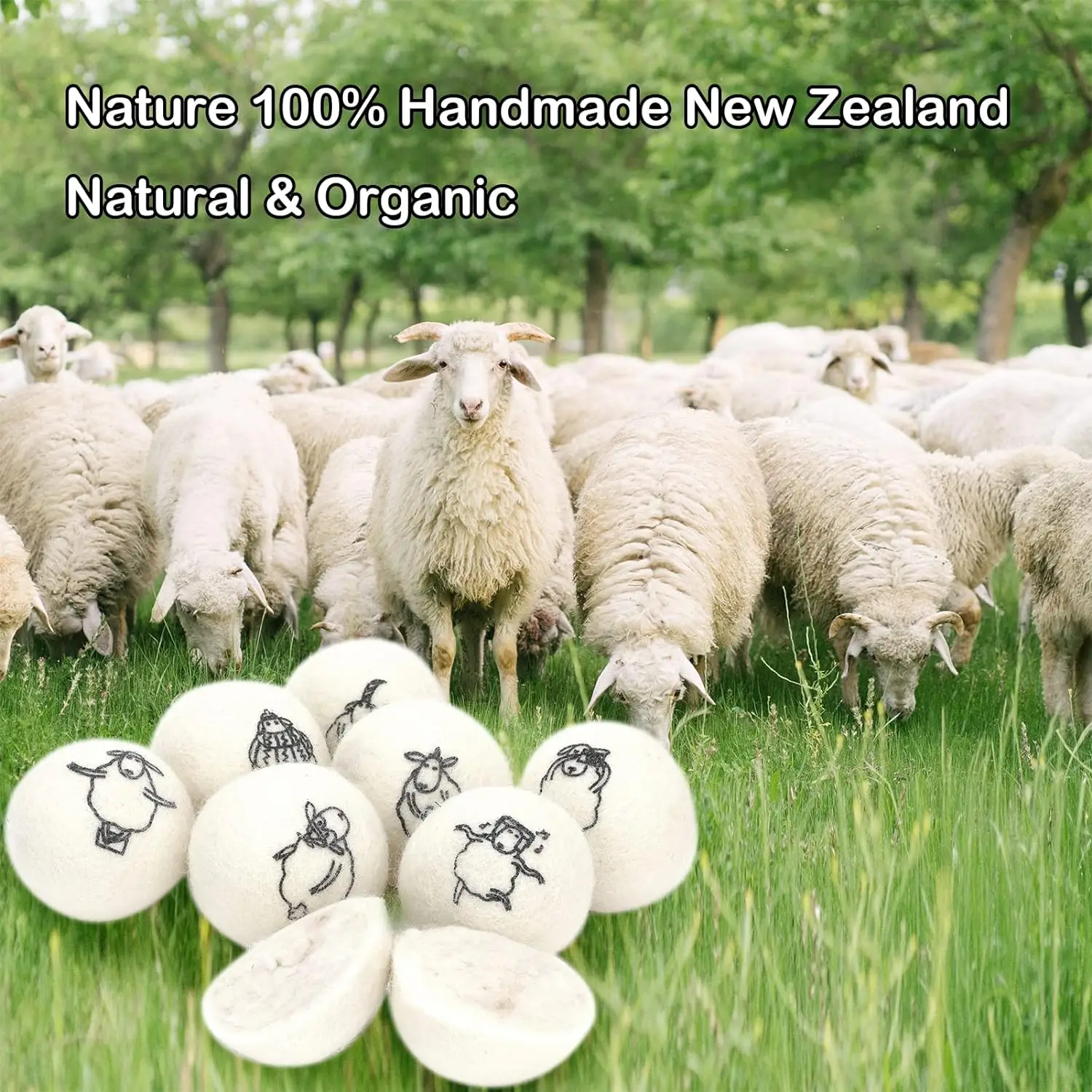 Wool Dryer Balls, 8PCS Dryer Balls with Happy Sheep - Natural & Organic, 100% New Zealand Wool Handmade