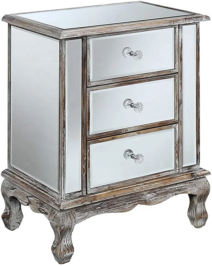
Amazon Best Seller Household Furniture Coast Vineyard 3 Drawer Weathered White Mirrored Wood Side Table 