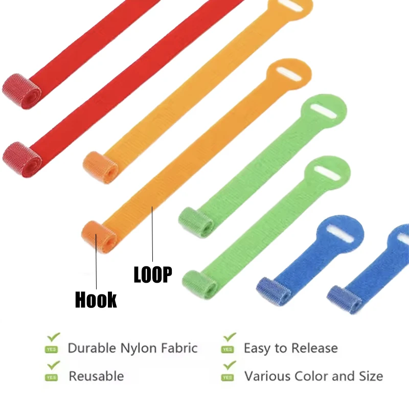 High Quality Elastic Adhesive Adjustable Cable Ties-Multi-Size Colorful Hook Loop Tape Reusable Shoes Bags Garments Printed Logo