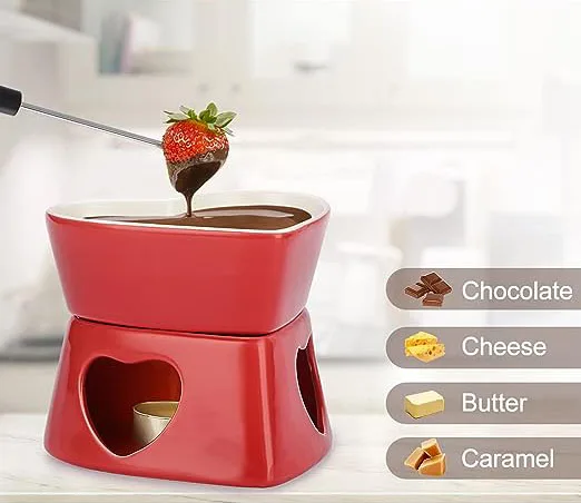 Butter Warmer Fondue Set Custom Ceramic Chocolate Warmer Cup Cheese Fondue Red Heart Shaped Fondue Pot with 4 Forks