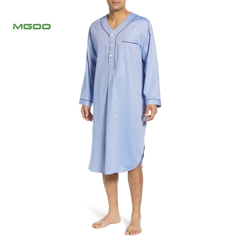 
MGOO OEM Light Blue Long Sleeve V Neck Button Front Pajama Nightshirt for Men 