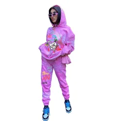 LW-9062 Hot popular design cartoon print women autumn and winter long sleeve hoodies and jogger two piece top & pants set