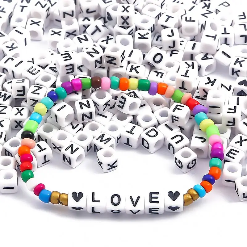 100pcs/Pack 6x6mm Plastic Acrylic English White Cube Letter Beads Alphabet Beads Text Beads