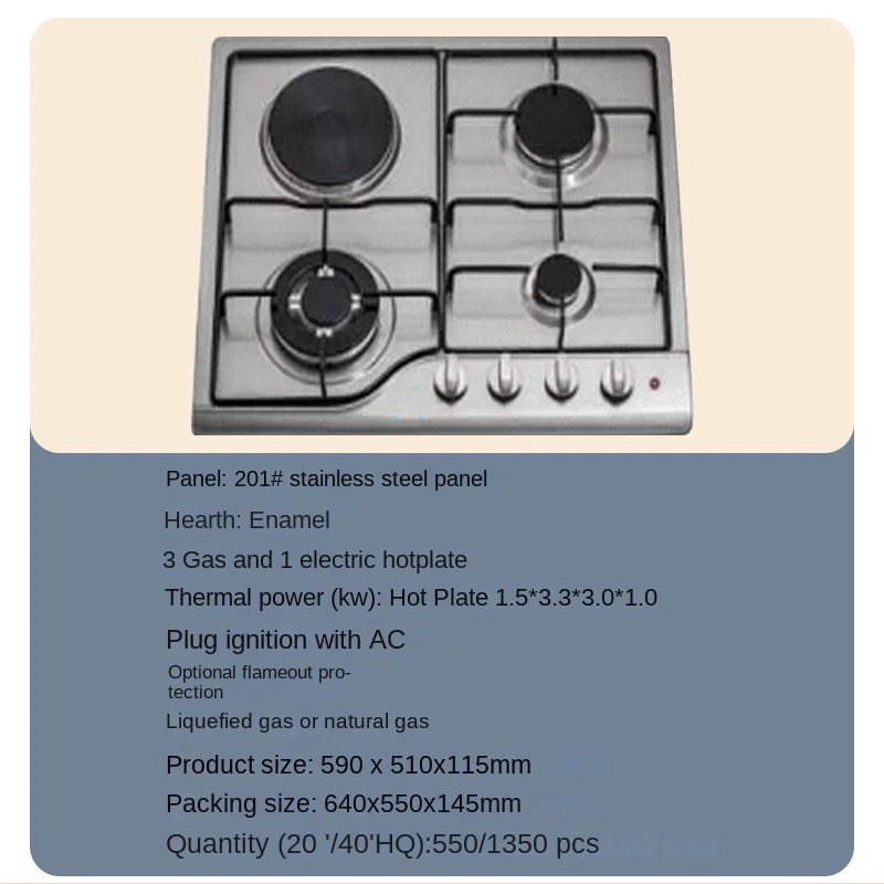 Zhongshan Nuoyi Kitchen appliance 4 gas burner 1 electric hotplate gas cooker stove LPG/NG Convertible gas and electric hob