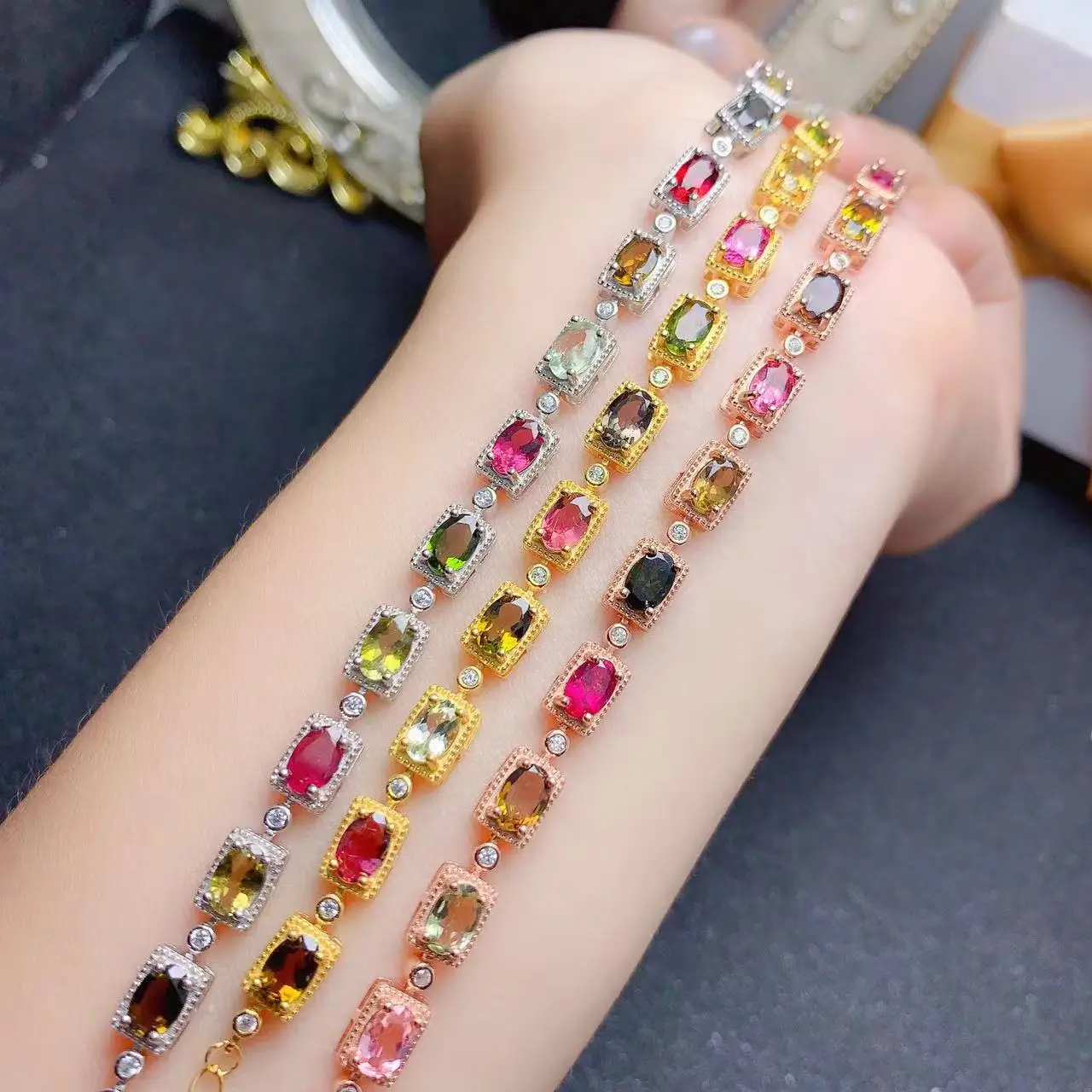 Factory Supply Good Price Luxury 925 Sterling Silver Gold Plated Natural Tourmaline Jewelry Women Bracelet