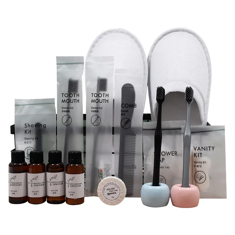 Custom Logo Hotel Supplies Disposable Bathroom Toiletries Portable Travel Amenity Kit Shampoo Soap Toothbrush Slipper Comb Set