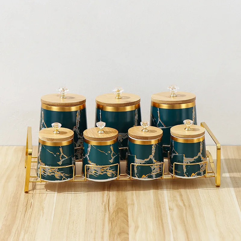 Home Kitchen Luxury Gold 7pcs Round Tea Coffee Sugar Salt Storage Jar Ceramic Spice Canisters Set with Bamboo Lid