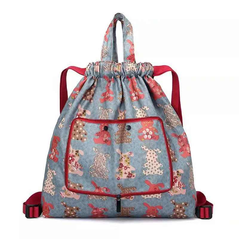 Factory direct cartoon waterproof collapsible draw rope bunch travel shopping bag grocery portable folding backpack bag