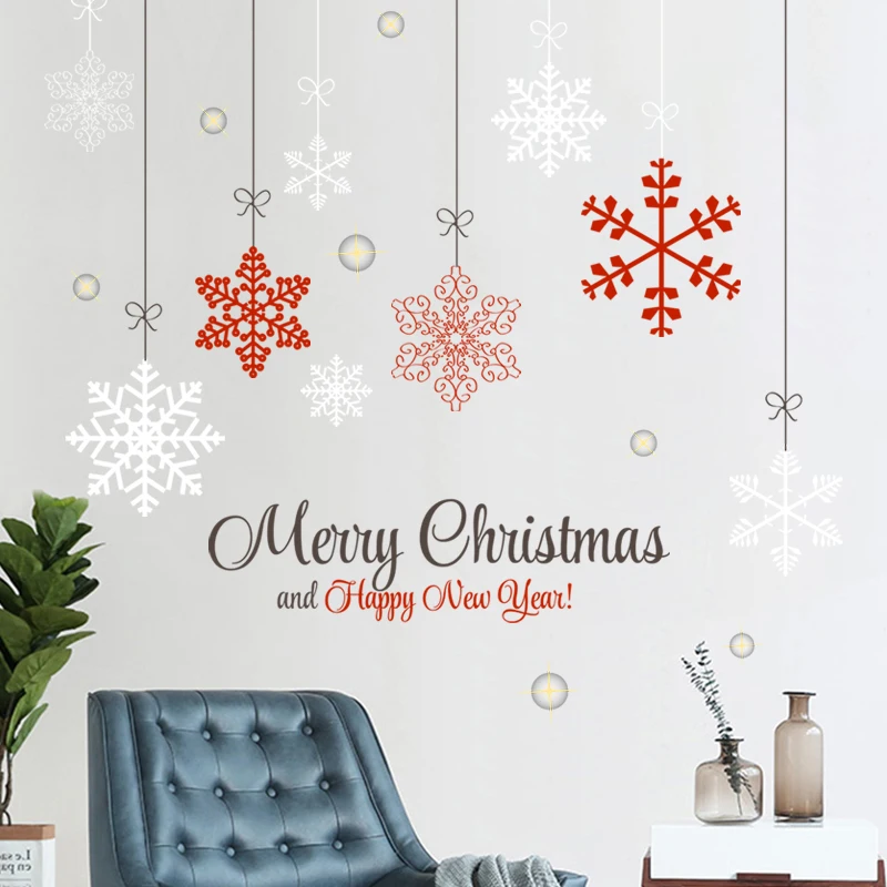 Merry Christmas White Red Snowflake Wall Sticker Creative Living Room Wallpaper Self Adhesive TV Background Decorative Decals