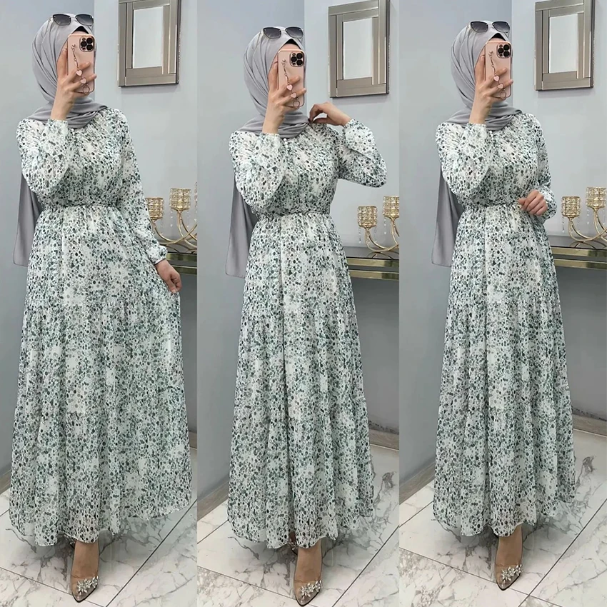 OEM New Chiffon Fabric Green Moroccan Print Floral Long Abaya Modest Muslim Dress Women Kaftan Dubai Jilbab Islamic Clothing
