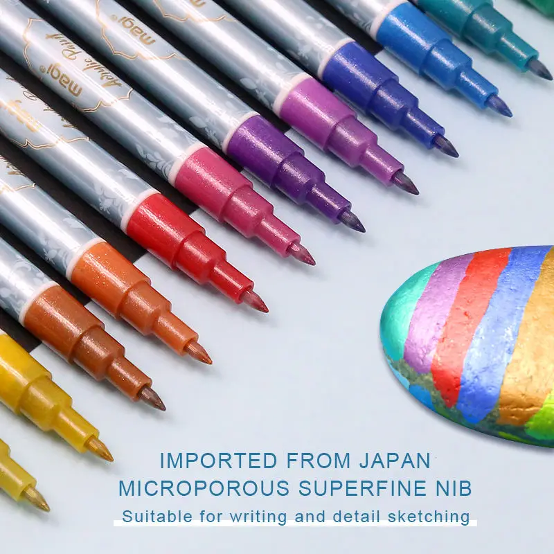Custom 18 Color Diy Gold Permanent Artist Drawing Pen Glitter Metallic Acrylic Markers For Rock Painting