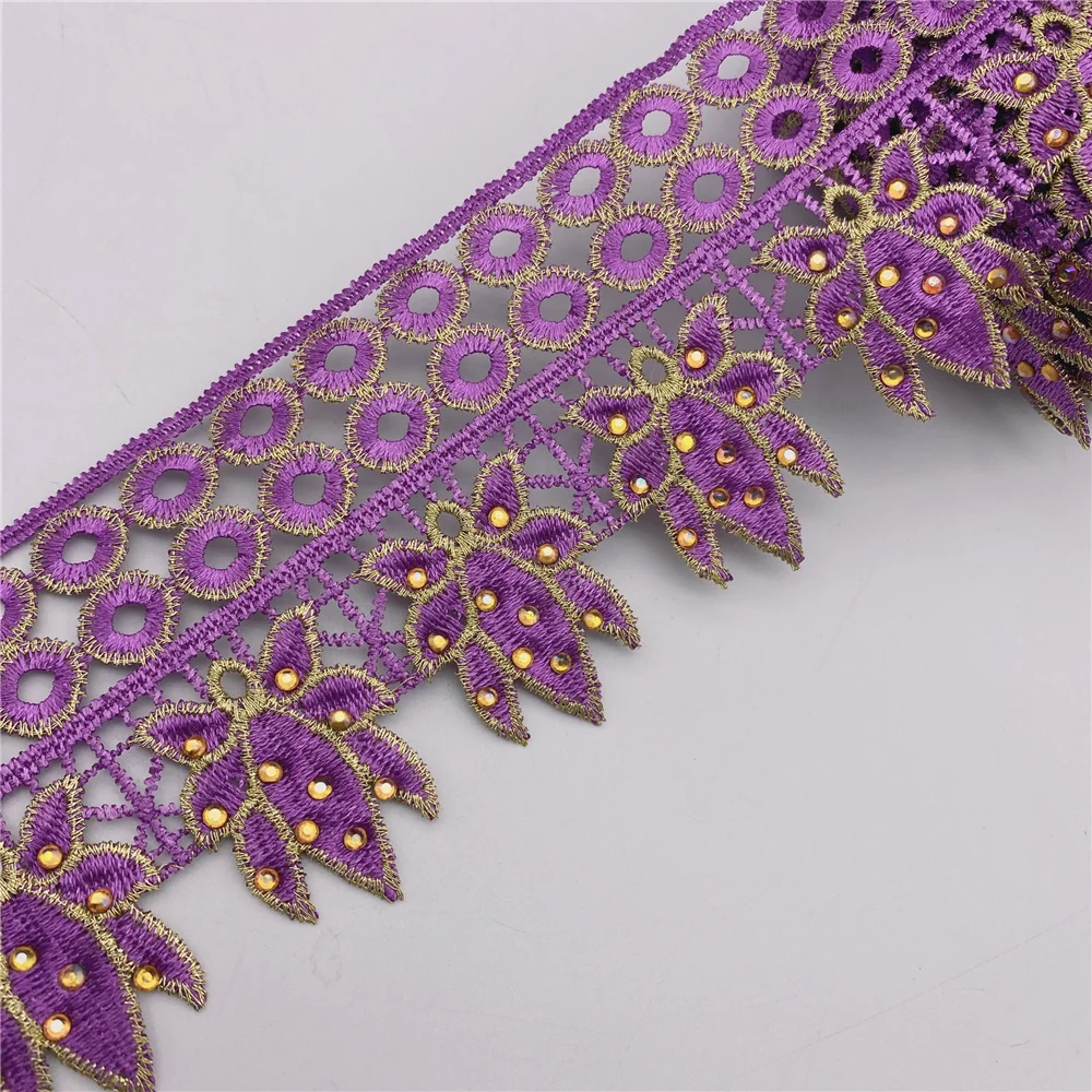 Beaded Sequin Rhinestones Floral Embroidered Lace Fabric Ribbon Trim Crochet Guipure Applique Motif for Wedding Dress