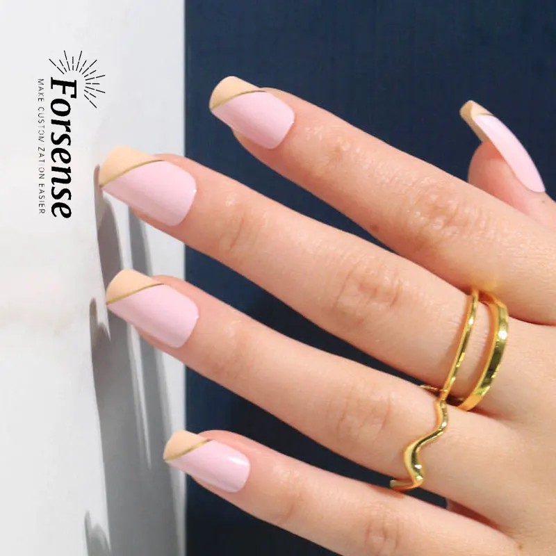 baby pink artificial french tip press on nails geometric fake nails medium length full cover square acrylic false nails ladies