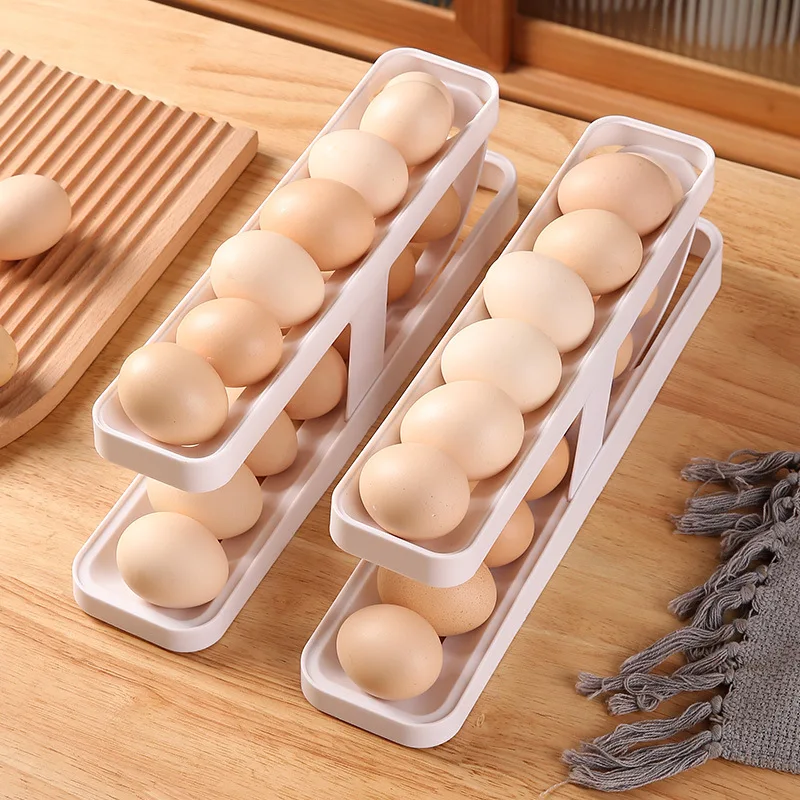 Kitchen Egg Holders Automatic Multifunction 2 Tier Rolling Egg dispenser Container Egg organizer for Refrigerator
