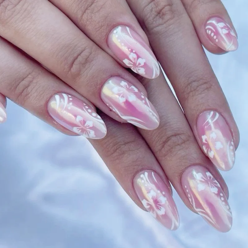 MISS GORGEOUS Pearlescent Effect False Nails Spring Summer Season Flower Design 24pcs OEM Wholesale Almond Press On Nails