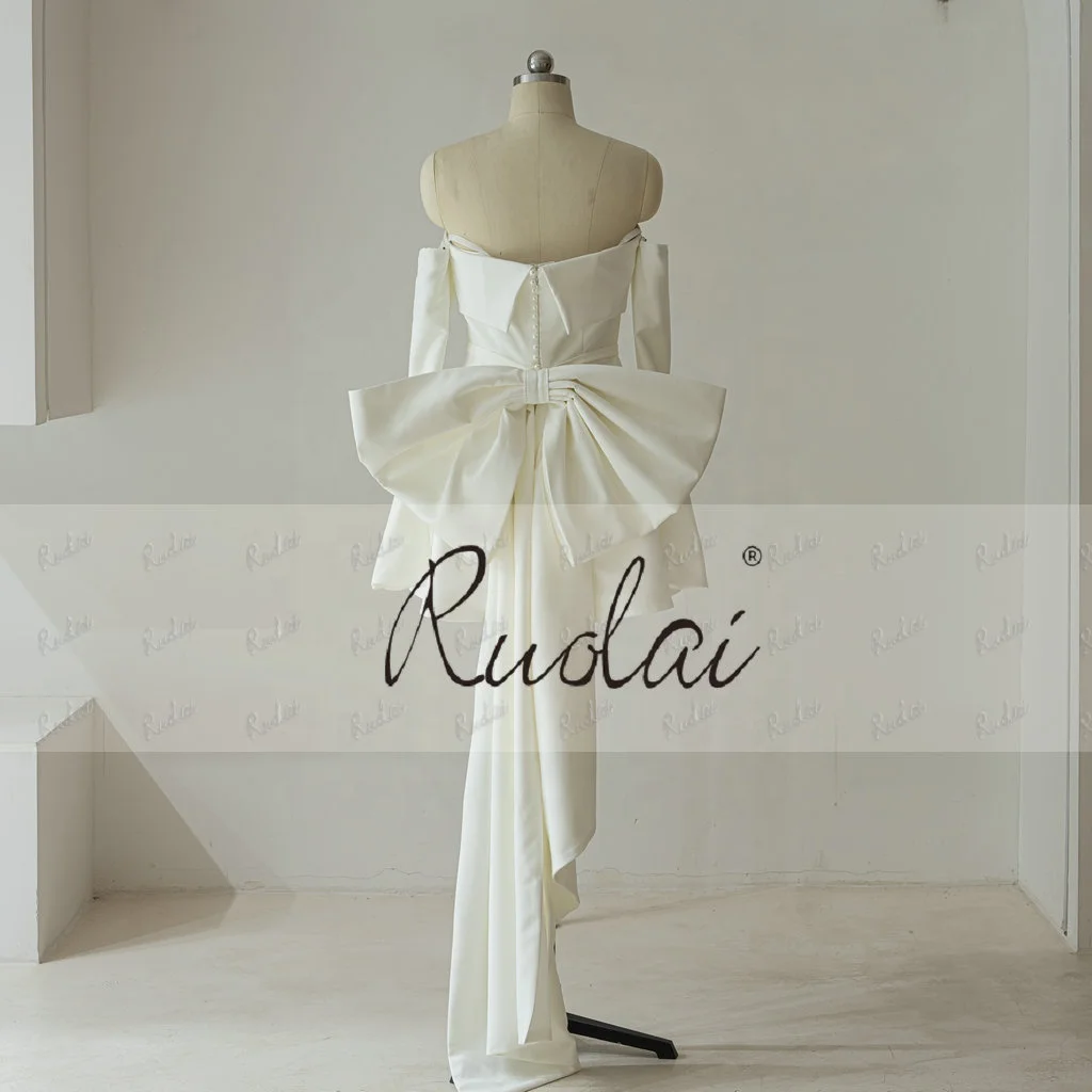 Ruolai QD06322 мини-платье с открытыми плечами и длинным рукавом большим бантом свадебное платье невесты