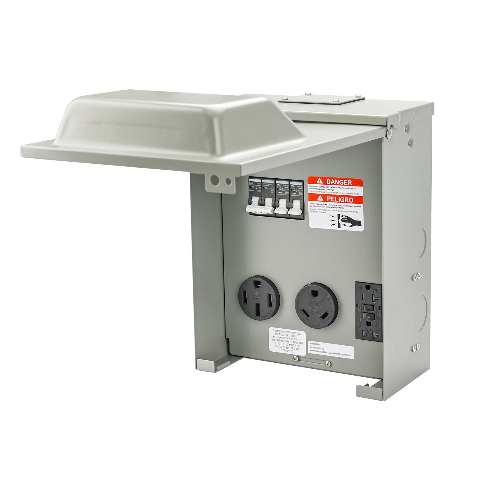 Temporary Power Outlet Panel, Power Circuit Breaker Panel with 20, 30, and 50 Amp Receptacle Installed Weatherproofed Lockable