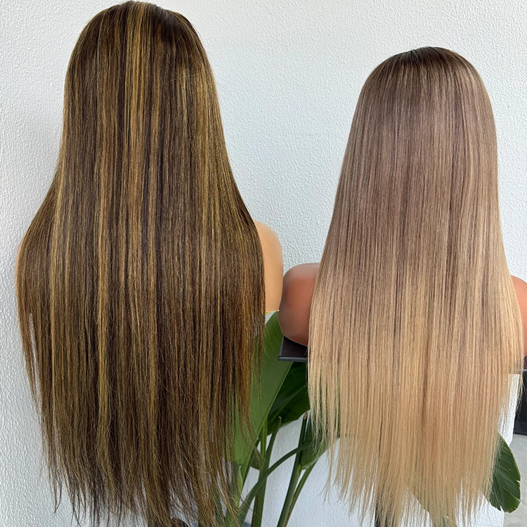 Highlight honey brown color human hair lace front wigs Highlight bone straight Virgin Human Hair HD Lace Front Wig