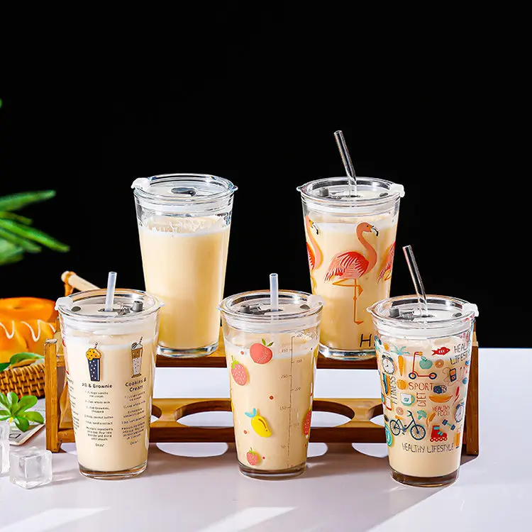 Wholesale Measuring Juice Coffee Reusable U Shaped Bubble Milk Tea Boba Cup Glass Tumbler with Straw and Lid