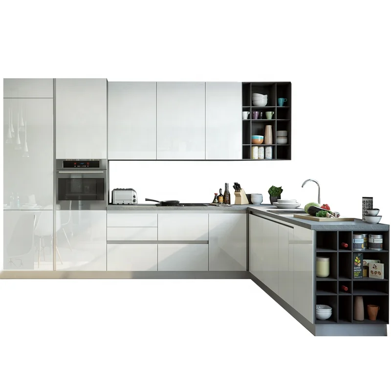 White artificial quartz kitchen counter top  custom modular kitchen cabinet set with built-in sink