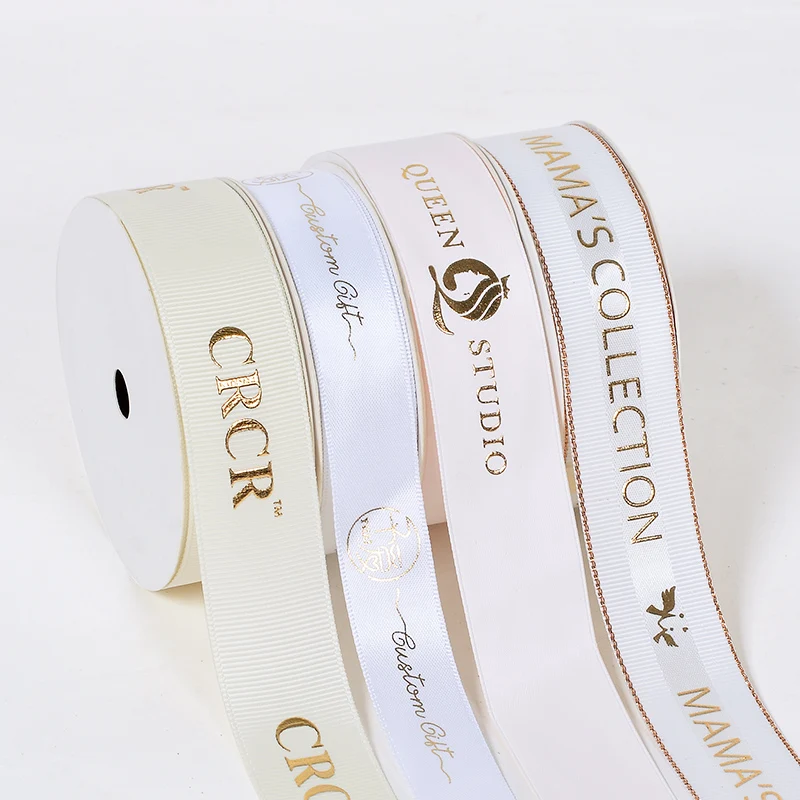 RIBEST Gift Wrap Grosgrain Satin Customize Ribbon printed With Logo White Foil Gold