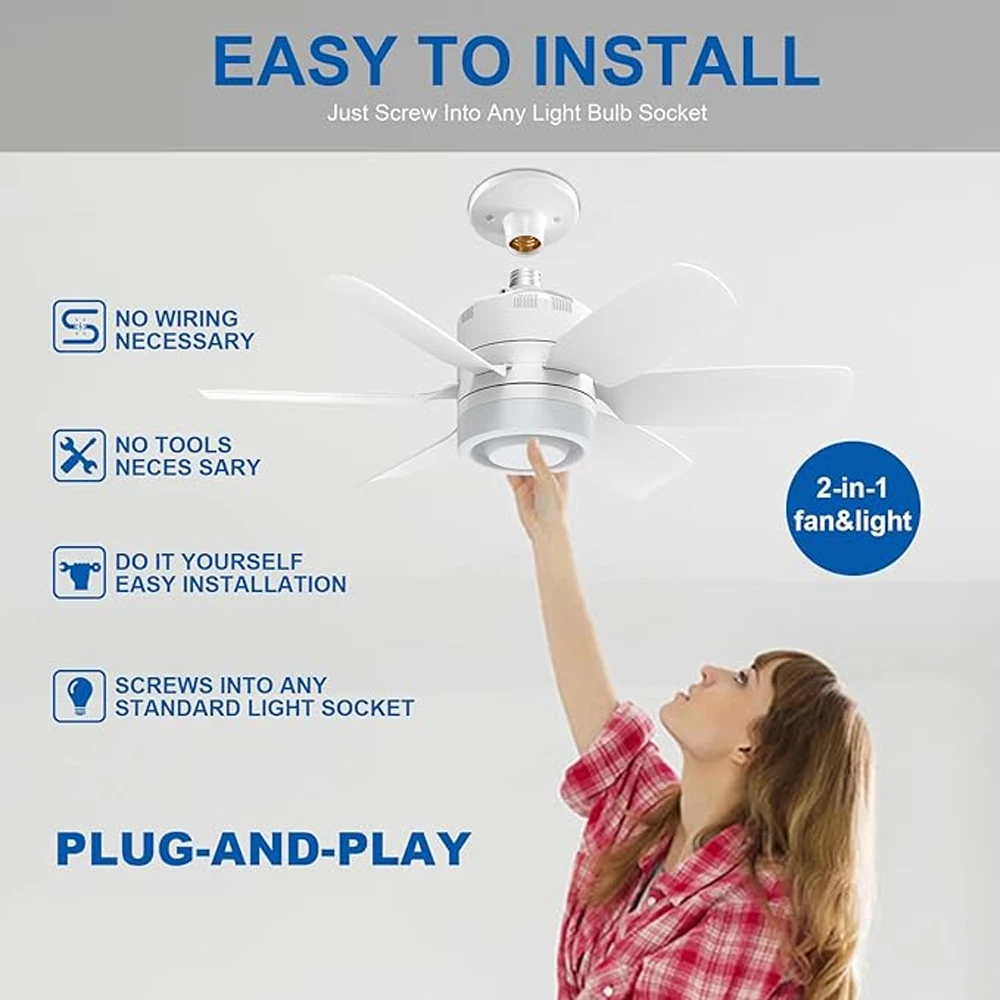 Universal E26 Base 3000K 4500k 6000k CCT Dimmable LED 20 Inch Small Quiet Socket Fan Light With Remote Control