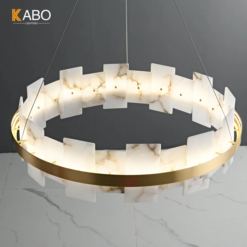 Nordic Natural Alabaster Luxury Living Room Chandelier Modern Simple Dining Room Villa Copper Rectangular Led Chandelier