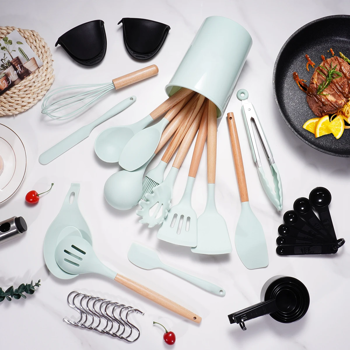 38 Pcs Wholesale Kitchen Accessories Cooking Tools Kitchenware Wooden Handle Non-Stick Silicone Kitchen Utensil Set
